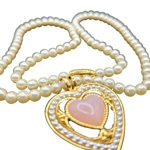 Victorian Heart Necklace 19" Faux Pearl Pink Heart Pendant Vintage 1987 Avon